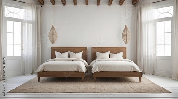 Fototapeta Elegant twin bedroom design featuring wooden beds, soft bedding, and natural light from large windows in a minimalist setting.