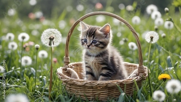 Fototapeta Charming kitten in a woven basket surrounded by blooming dandelions in a vibrant meadow setting with space for text or branding.