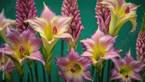 Fototapeta Elegant Pink and Yellow Gladiolus Flowers on Green Background in Macro Shot showcasing their delicate details and vibrant colors.