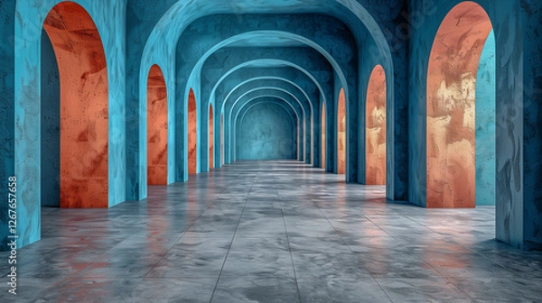 Fototapeta Symmetric Arched Hallway in Blue and Orange