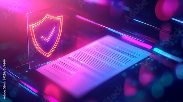 Obraz Futuristic cybersecurity insurance concept with glowing shield verification digital contract and secure document representing online data protection identity authentication and fraud prevention