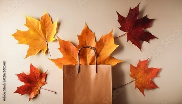 Fototapeta minimalistic autumn concept with brown paper bag and maple leaves generative ai