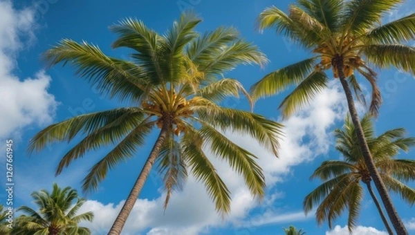 Fototapeta Tropical Coconut Palm Trees Against a Bright Blue Sky with Fluffy Clouds in a Relaxing Coastal Setting