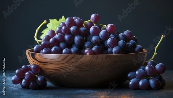 Fototapeta Dark grapes in a wooden bowl with lush green leaves on a dark background ideal for food-related designs and advertisements.