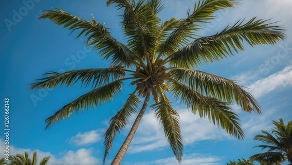 Fototapeta Coconut Palm Tree Against a Clear Blue Sky with Fluffy Clouds and Tropical Landscape Elements