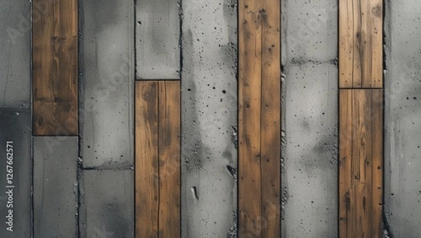 Fototapeta Loft style flooring with a combination of concrete and wooden planks in a textured top view, ideal for modern interior design projects.