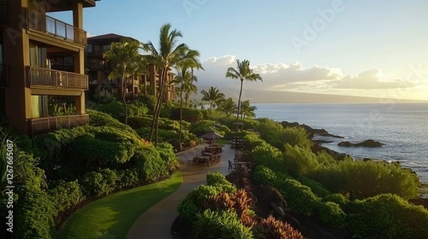 Fototapeta Aerial view of a scenic pathway guiding towards a resort, with a stunning beach visible in the background, inviting relaxation and exploration.