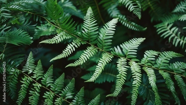 Fototapeta Closeup of lush green fern leaves illuminated by soft backlighting showcasing intricate leaf patterns in a natural setting