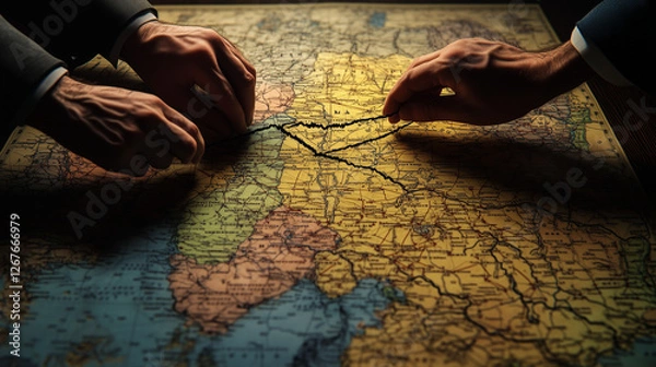 Fototapeta Old-world style map, ink dividing lines being drawn, hands of politicians pulling the map in different directions