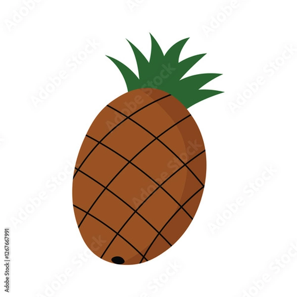 Obraz Flat illustration of brown pineapple with black lines and green spiky leaves.