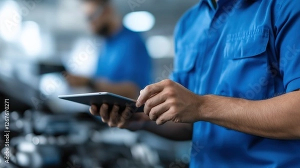 Fototapeta Worker using Tablet in Factory Setting