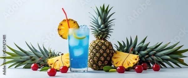 Obraz Tropical Blue Cocktail Garnished With Pineapple And Cherries Surrounded By Fresh Fruit Isolated On White Background