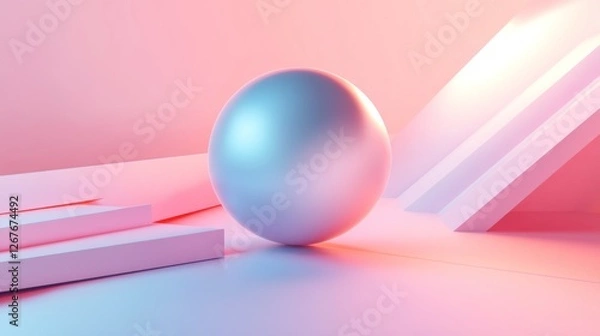 Fototapeta Pastel pink background with silver sphere and geometric shapes.