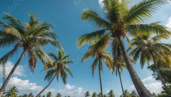 Fototapeta Tropical Paradise with Coconut Trees under Clear Blue Sky and Space for Text Overlay