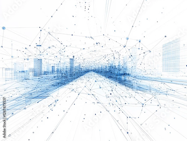 Fototapeta A futuristic cityscape rendered in abstract blue digital lines representing a complex network of data connections and information flow
