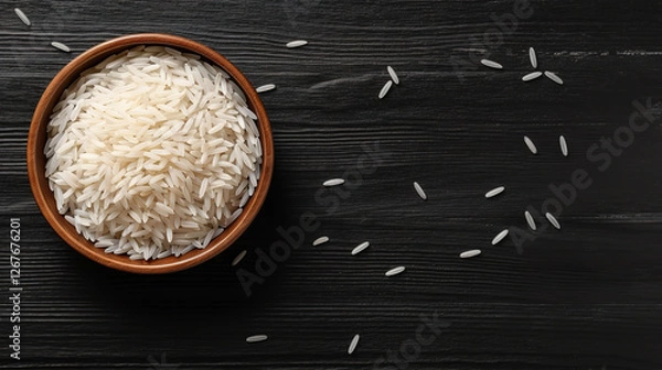 Fototapeta Top View of Long Grain Rice in Black Bowl on Rustic Wooden Table