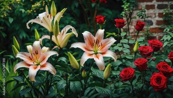 Fototapeta Serene Garden Scene Featuring Elegant Lilies and Vivid Red Roses in Full Bloom Against a Lush Green Backdrop