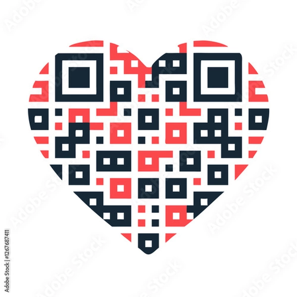 Fototapeta Heart-shaped QR code icon with a bold pattern in red, black, and white colors on a white background

