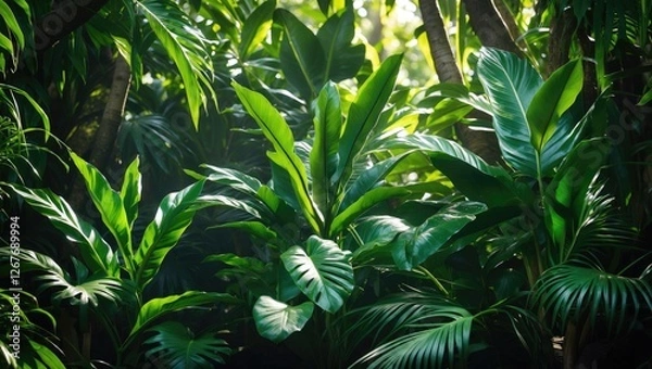 Fototapeta Lush Green Tropical Leaves in Dense Jungle Atmosphere Perfect for Nature and Eco-Friendly Themes