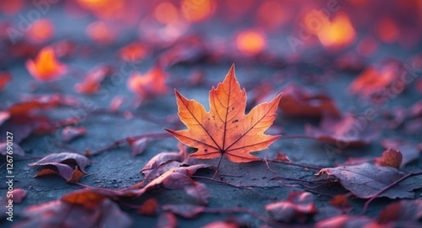 Fototapeta Autumn-themed close-up of a faded leaf illuminated by vibrant neon light against a blurred background of scattered leaves for design use.