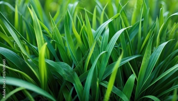 Fototapeta Lush green grass blades with vibrant hues in a natural setting showcasing the beauty of nature and detail in foliage.