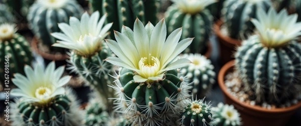 Fototapeta Elegant White Cactus Flower Surrounded by Greenery with Blank Space for Text or Design Elements