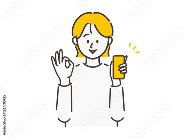 Fototapeta スマートフォンを片手に持ってOKのポーズをしている女性