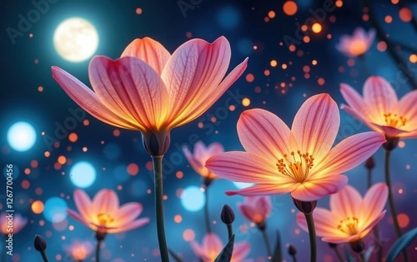 Fototapeta  stunning close-up of vibrant, glowing flowers in full bloom, illuminated with soft golden light. The petals exhibit 