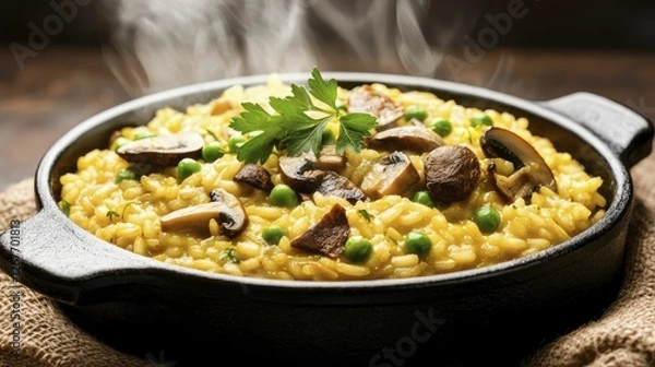 Fototapeta Decadent risotto with saffron, mushrooms, and peas, simmered to perfection in a cast-iron pot, with steam wafting and topped with fresh herbs.