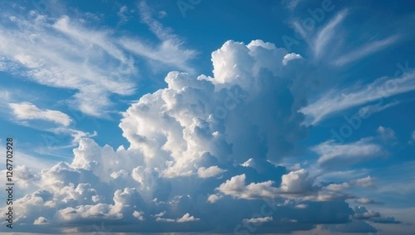 Fototapeta Vibrant blue sky with fluffy white clouds showcasing a serene and picturesque natural landscape ideal for outdoor themes.