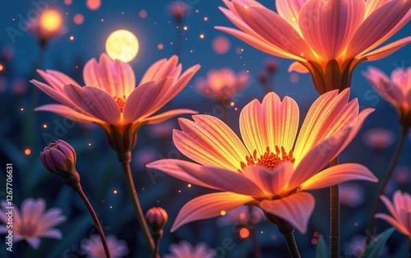 Fototapeta A stunning close-up of vibrant, glowing flowers in full bloom, illuminated with soft golden light. 