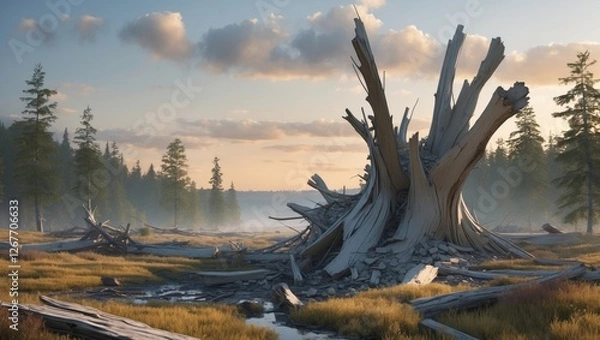 Fototapeta Landscape featuring a decayed tree stump in a misty forest setting with soft sunlight and scattered clouds Copy Space