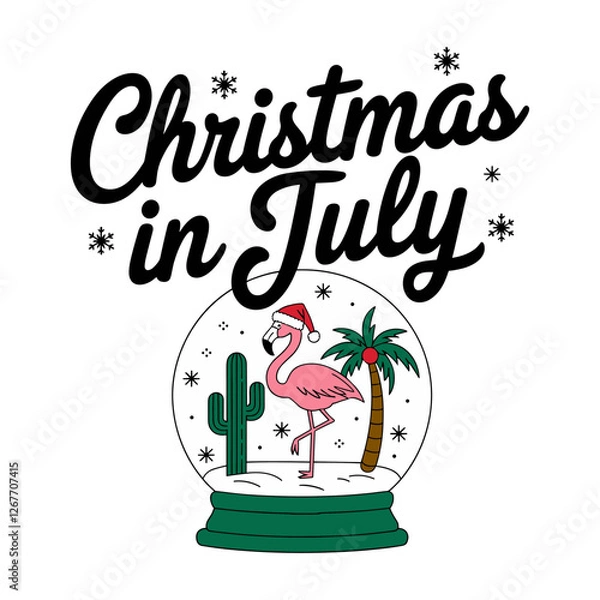 Fototapeta Flamingo is standing in a snow globe with a Christmas tree. Vector image of Christmas in July