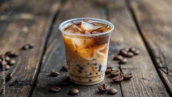 Fototapeta Iced coffee beverage with tapioca pearls in a clear cup on rustic wooden background with coffee beans scattered around. Copy Space