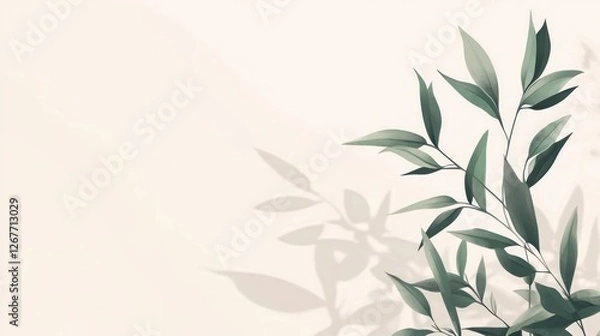 Fototapeta Elegant green leaves with shadow on beige background.
