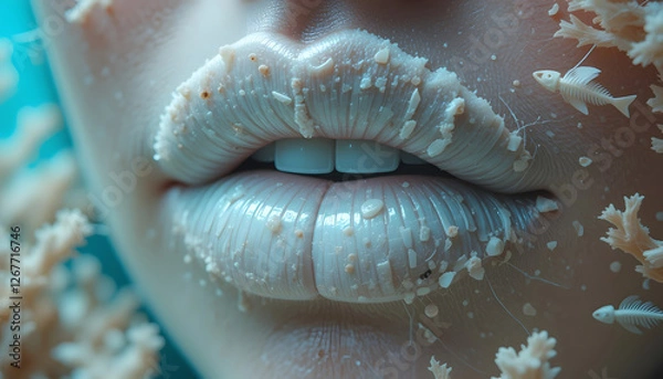 Fototapeta An extreme close-up of lips resembling a fragile, bleaching coral reef, with tiny fish skeletons and plastic strands, symbolizing ocean decay
