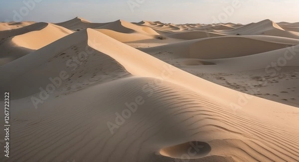 Obraz Desert sand dunes under soft sunlight with gentle slopes and patterns in the sand Copy Space