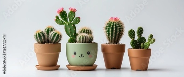 Fototapeta Cute cactus arrangement in pots on light background with copy space for text