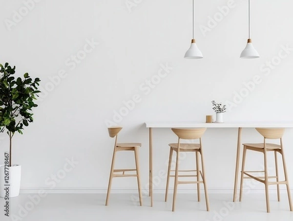 Fototapeta Scandinavianinspired twostory cafe with clean white interiors, light wooden furniture, and soft natural lighting