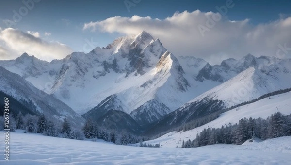 Fototapeta Snow-covered mountain range with dramatic peaks and cloudy sky in winter landscape, natural scenery, Copy Space
