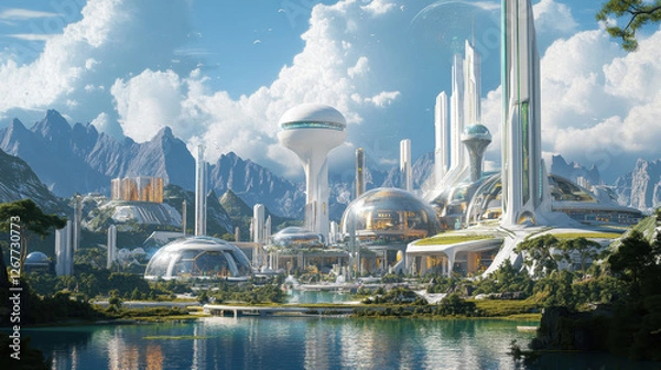 Obraz A visionary futuristic city nestled by a serene lake surrounded by majestic mountains showcasing advanced architecture and sustainable integration with nature