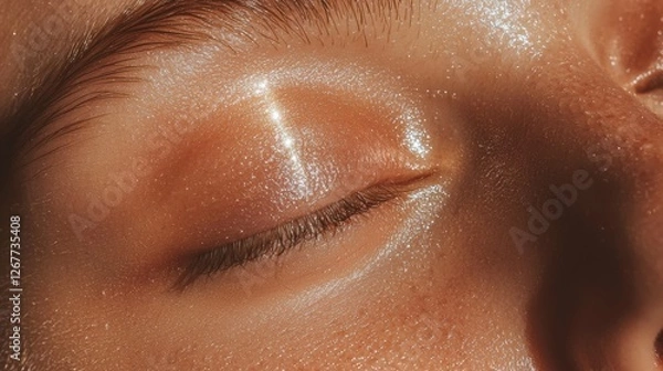 Fototapeta Close-up of a person's eye. the eye is closed and the eyelashes are slightly curled. the skin around the eye appears to be fair and shiny. the person's nose is visible on the right side of the image.