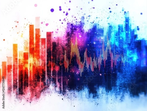 Obraz A vibrant visual representation of sound waves with colorful bars and abstract patterns, evoking a sense of music and energy.