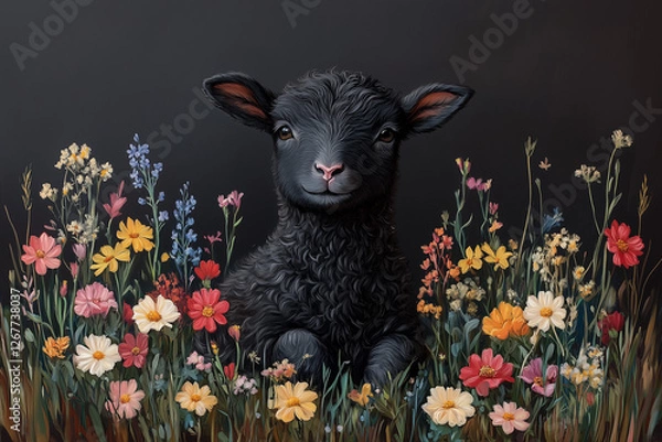 Fototapeta Cute black lamb peeking from flowers, gentle expression, against dark background
