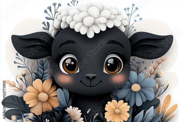 Fototapeta Cute black sheep with gentle mood surrounded by flowers against floral background