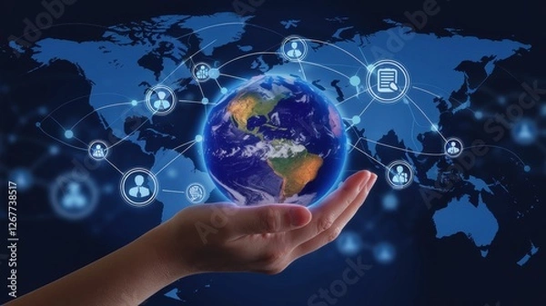 Fototapeta Hand holding globe symbolizing global connectivity and communication networks