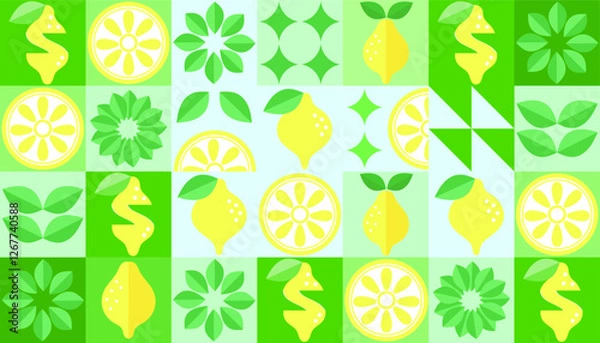 Fototapeta Lemon geometric background. Vector minimalist style pattern. Bauhaus trend. Abstract illustration of lemon, leaves, symbols. Simple icon.