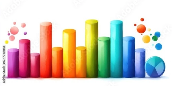 Fototapeta A vibrant graphic featuring colorful bars and spheres, representing data visualization and analytics.