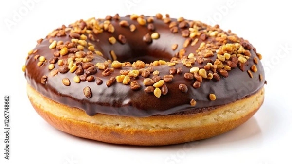 Fototapeta AI-created image of a solitary chocolate donut, topped with nuts.  White background.