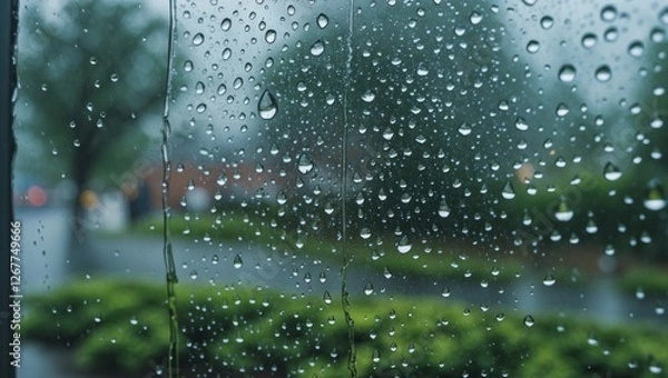 Fototapeta Rain droplets on a window with a blurred green landscape and trees in the background captured during a rainy day with Copy Space